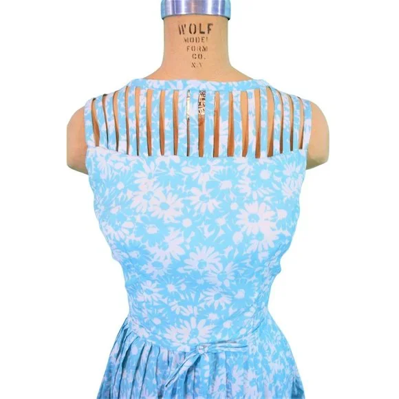 Vintage 1950s Sun Dress Caged Bodice Aqua Floral Sue BrettW 26